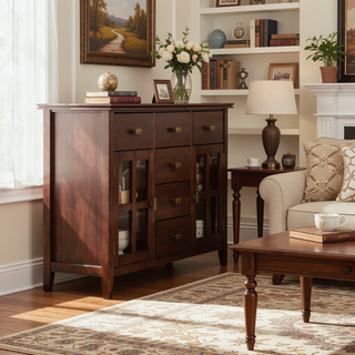 Sunvega Handcrafted Russet Brown Solid Wood Sideboard Buffet with Glass Doors