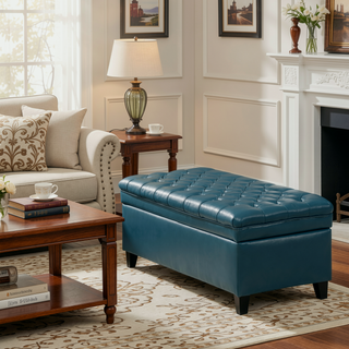 Sunvega Blue Fabric Storage Ottoman with Birch Legs for Living Room Seating