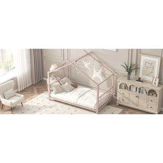 Sunvega Adorable Pink Twin Size Metal House Platform Bed Frame for Kids