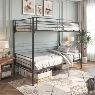 Sunvega Sturdy Twin over Twin Metal Bunk Bed Frame with Ladder and Vintage Headboard