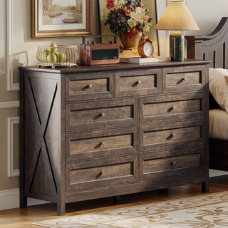 Sunvega White Wood Rustic Storage Dresser with 9 Silver Handle Drawers