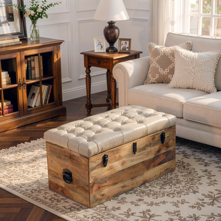 Sunvega Buffalo Hide Leather Storage Trunk in Beige Handcrafted from Solid Mango Wood