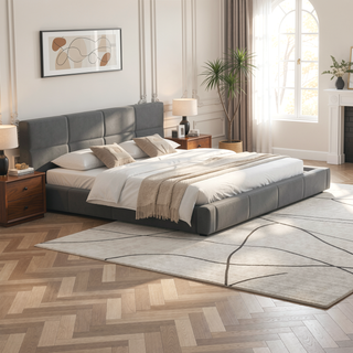Sunvega Stylish Gray Upholstered King Bed with Faux Leather and Wood Frame