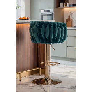 Sunvega Set of 2 Swivel Adjustable Bar Stools with Chrome Footrest and Navy Velvet