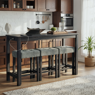 Sunvega 59 Inch Bar Table Set with Power Outlet and 3 Upholstered Stools for Kitchen