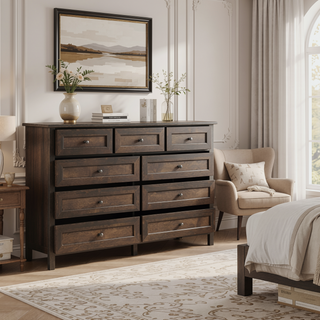 Sunvega White Wood Rustic Storage Dresser with 9 Silver Handle Drawers