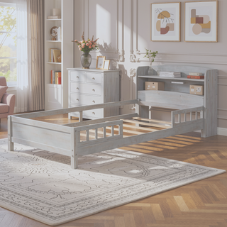 Sunvega Antique Grey Twin Size Wood Platform Bed with Storage Headboard and LED Light