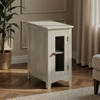 Sunvega Narrow Accent Side Table with Closed Cabinet and Metal Knob in Washed Grey Veneer