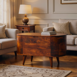 Sunvega Solid Mango Wood California Walnut Rounded Lid-Up Blanket Box with Nordic Legs