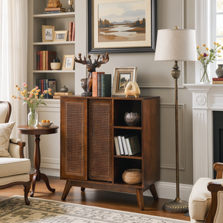 Sunvega Mid Century Modern Rattan Sideboard Cabinet with Adjustable Shelves and Solid Wood Feet