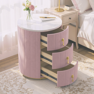 Sunvega Upholstered Round Nightstand with 3 Drawers and Marbling Top
