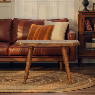 Sunvega Solid Mango Wood Bench with Hand-Woven Rattan Top and Oak Finish