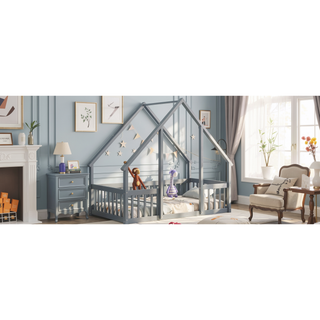 Sunvega Twin Wood House Floor Bed with Guardrail Fence in Grey