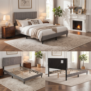 Sunvega Mid-Century Modern Upholstered Queen Platform Bed Frame with Tufted Headboard