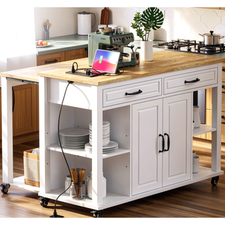 Sunvega Extendable Kitchen Island with Dining Table Internal Storage and Power Outlet
