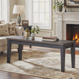 Sunvega Solid Wood Dark Brown Dining Bench with Plank Effect Farmhouse Top