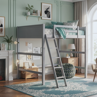 Sunvega Traditional Wooden Loft Bed with Ladder and Guardrails for Kids