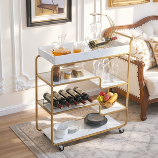 Sunvega Retro Style Two-Tier Bar Serving Cart with Wine Rack and Glass Holder