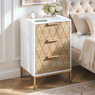 Sunvega Mid-Century Modern Nightstand with Wavy Drawer Panels and Gold Metal Accents