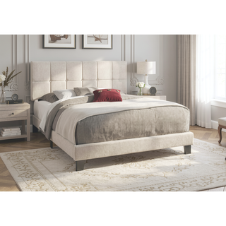 Sunvega Beige Linen Look Upholstered Queen Bed Frame with Button Tufted Headboard