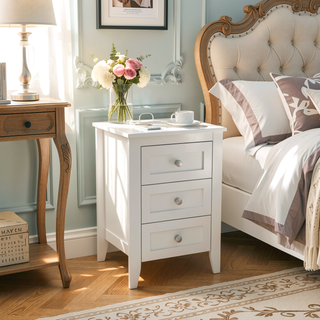 Sunvega Modern White Nightstand with 3 Drawers and Charging Station for Bedroom