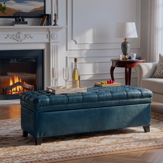 Sunvega Blue Fabric Storage Ottoman with Birch Legs for Living Room Seating