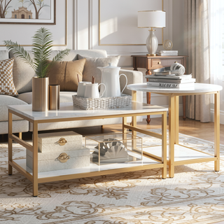 Sunvega Faux Marble and Gold Steel Frame 2-Tier Storage Coffee Table Set of 2