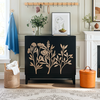 Sunvega Rattan Decorated Storage Buffet Cabinet with Bohemian Style for Living Room