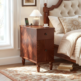 Sunvega Modern Walnut Finish Narrow Side Table with 2 Drawers for Bedroom Living Room