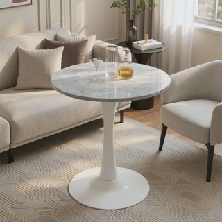 Sunvega Round White Pedestal Side Table with Marble Effect Top for Living Room