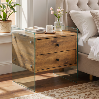 Sunvega MDF Wood Grain Double Drawer Bedside Table with Tempered Glass Legs