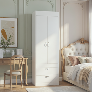 Sunvega White 70H" Double Door Cabinet with Two Drawers and Metal Handles