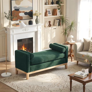 Sunvega Upholstered Bench with Wood Legs, Bolster Pillows for Bedroom, Living Room, Green