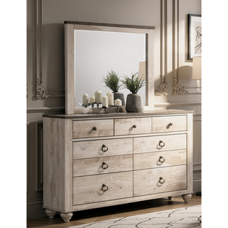 Sunvega Contemporary White Wash Queen Bedroom Set with Dresser Mirror Nightstands Chest
