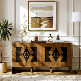 Sunvega Mid Century Modern Sideboard Buffet Cabinet with Geometric Pattern and Adjustable Shelves