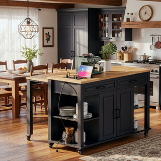 Sunvega Extendable Kitchen Island with Dining Table Internal Storage and Power Outlet