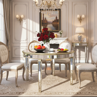 Sunvega Round Glass Dining Table with Gold Geometric Design and Mirror Top