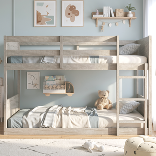 Sunvega Twin Over Twin Bunk Bed with Vintage Panelled Headboard and Safety Guardrails