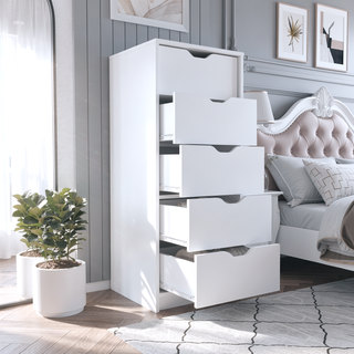Sunvega Five Drawer Narrow Dresser in White Finish for Bedroom