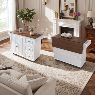 Sunvega White Kitchen Island Cart with Foldable Drop Leaf Tabletop and Storage on Wheels