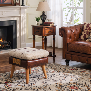 Sunvega Boucle and Mahogany Leather Bench with Belted Strap Design for Entryways