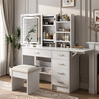 Sunvega Vanity Desk with Mirror and Lights for Makeup with 5 Drawers and Open Shelves