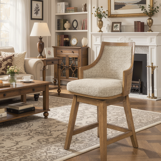 Sunvega Handcrafted Taupe Beige Cane Rattan Swivel Counter Stool with Recessed Arms
