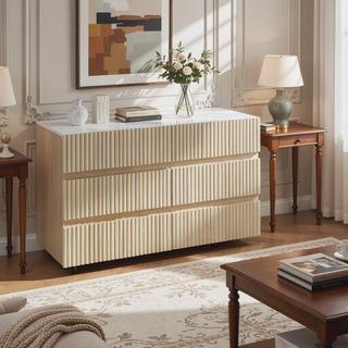 Sunvega Fluted Modern 6 Drawer Dresser with LED Lights and Marble Top