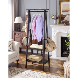 Sunvega Dark Espresso Wooden Coat Rack with Shelves and Knob Hooks