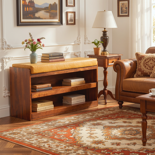 Sunvega Solid Mango Wood Buffalo Tan Leather Shoe Storage Cabinet with Two Pull-Out Drawers