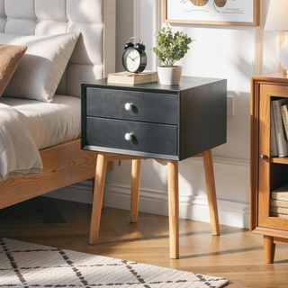 Sunvega Mid-Century Modern Bedside Table with 2 Drawers and Rubber Wood Legs
