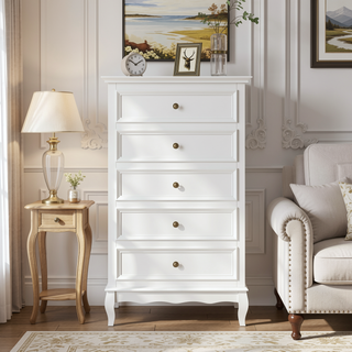 Sunvega Modern White Fluted 5-Drawer Dresser with Solid Wood Legs and Wave-Shaped Bar