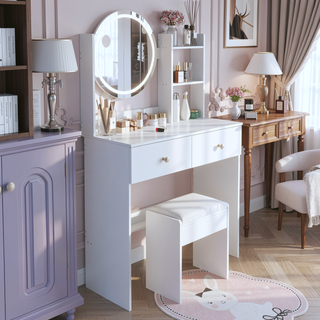 Sunvega 17 Inch Round LED Vanity Table Set with Mirror Touch Switch and Stool