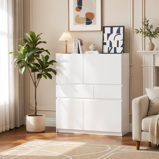 Sunvega White Wooden Storage Cabinet with 4 Doors and 2 Drawers for Living Room